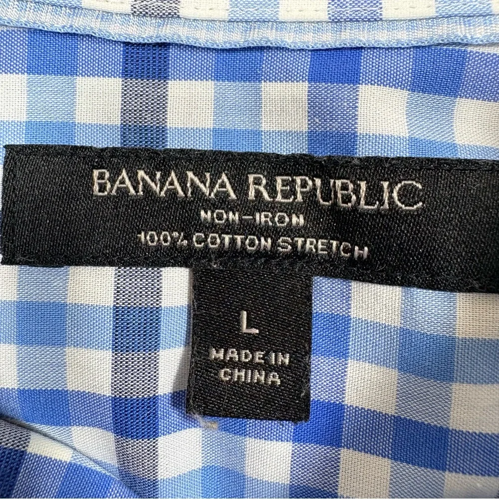 Banana Republic Grant Fit Blue Plaid Button Down SzL Non Iron Cotton Stretch